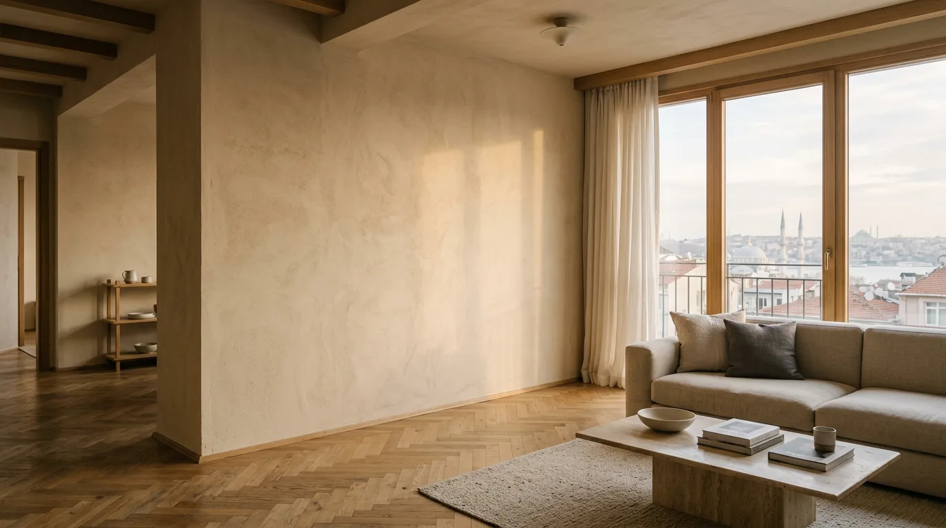 Kil sıvalı duvarları ve meşe zemini olan, gün ışığıyla aydınlanan sade ve modern bir İstanbul dairesi oturma odası.
